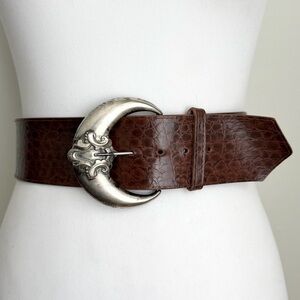 Vintage Brown Alligator Croc Embossed Belt with Oversized Silver Metal Buckle